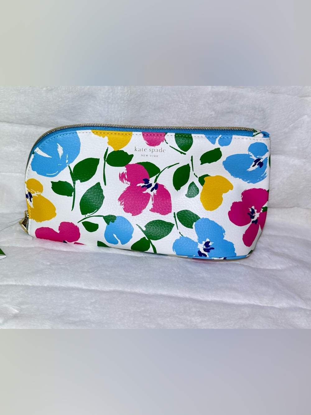 kate spade White Floral Zip Desk Essentials Pouch with Pink Blue Yellow Green